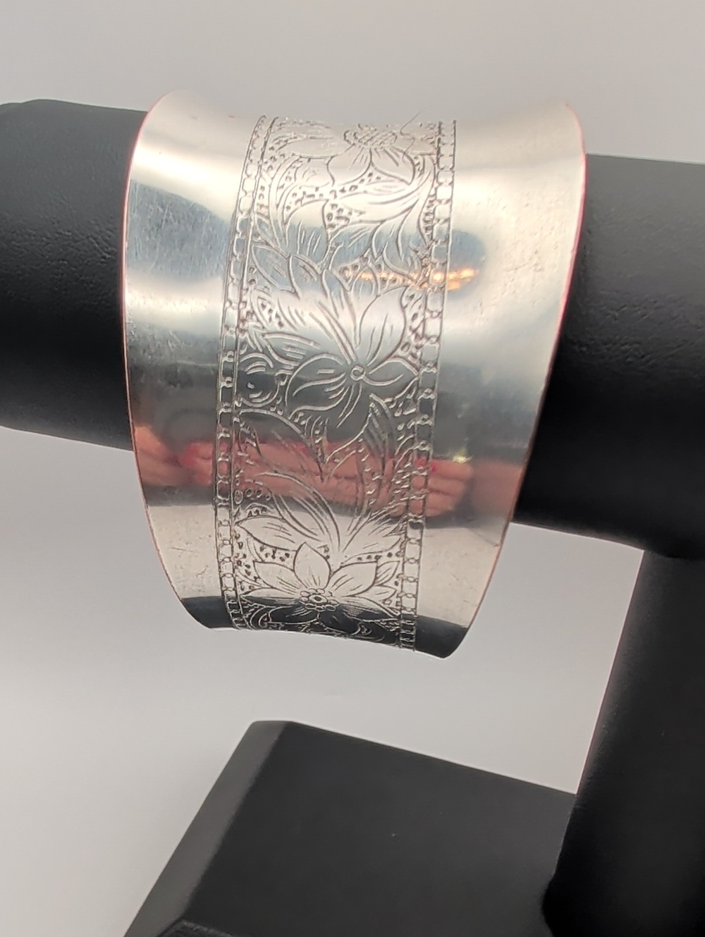Engraved Floral Silver Cuff Bracelet